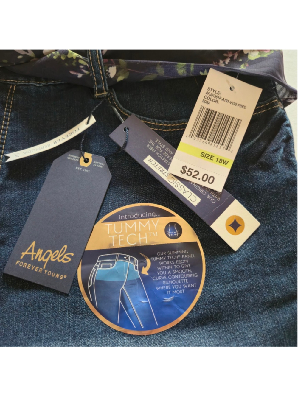 Angels Forever Young Blue Denim Jeans Bermuda Shorts Floral Belt Tummy Tech 18W - Picture 3 of 8